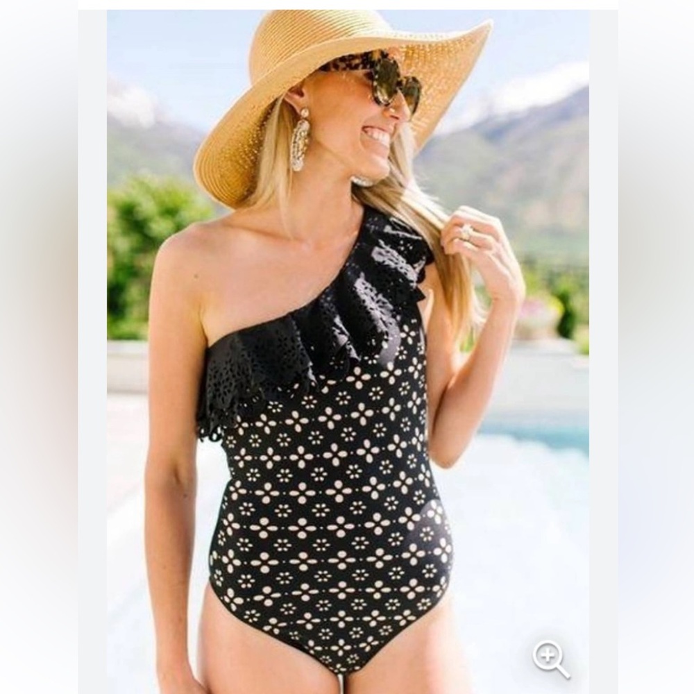 J Crew Scalloped Ruffle One Shoulder one-piece swimsuit ilaser-cut eyelet Black